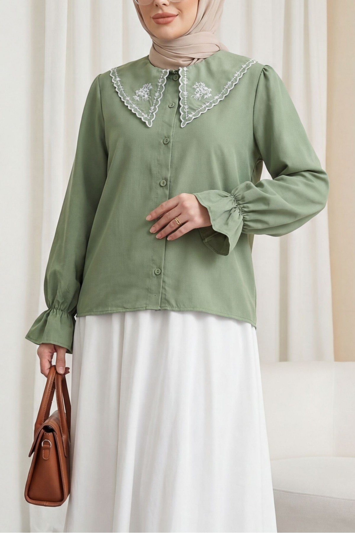 Peter Pan Collar Ruffled Poplin Shirt/Blouse with Elasticated Cuffs  -Cagla Green