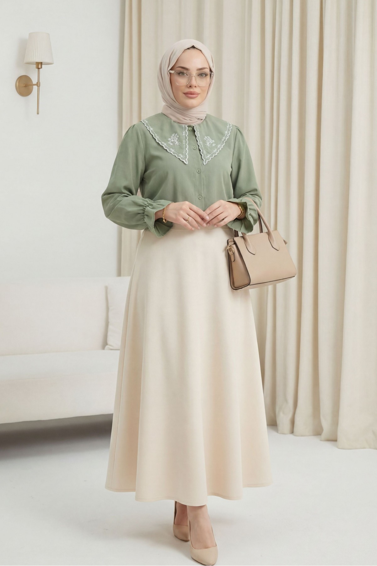 Peter Pan Collar Ruffled Poplin Shirt/Blouse with Elasticated Cuffs  -Cagla Green
