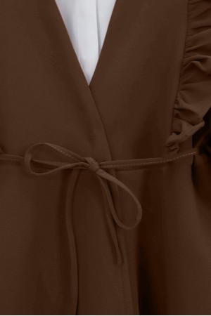 Kimono Set with Frilled Front Laced Skirt and Layered Trousers     -Snuff