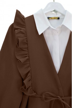 Kimono Set with Frilled Front Laced Skirt and Layered Trousers     -Snuff