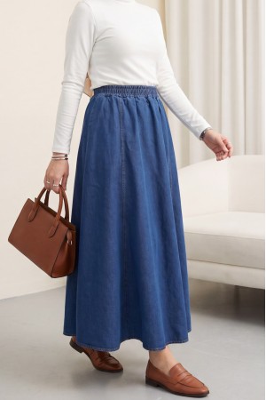 Yan Cepli Beli Lastikli Kot Etek  -İndigo