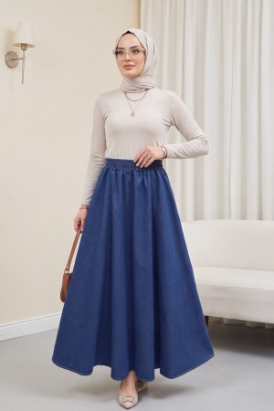 Yan Cepli Beli Lastikli Kot Etek  -İndigo