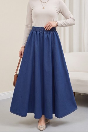 Yan Cepli Beli Lastikli Kot Etek  -İndigo