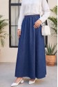 Denim Skirt with Side Pockets and Elastic Waistband -İndigo