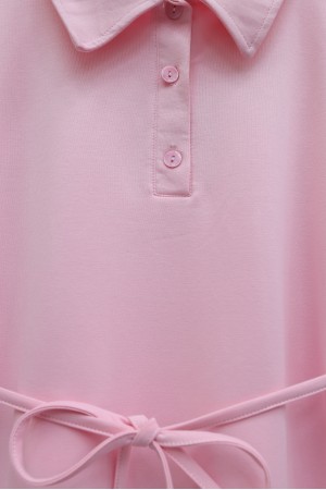 Yakalı  Düğmeli Beli Bağlamalı Penye Elbise  -Pudra