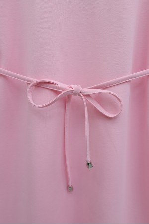 Yakalı  Düğmeli Beli Bağlamalı Penye Elbise  -Pudra