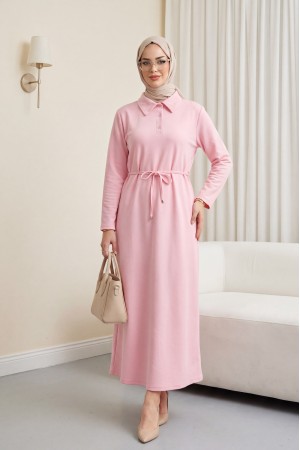 Yakalı  Düğmeli Beli Bağlamalı Penye Elbise  -Pudra