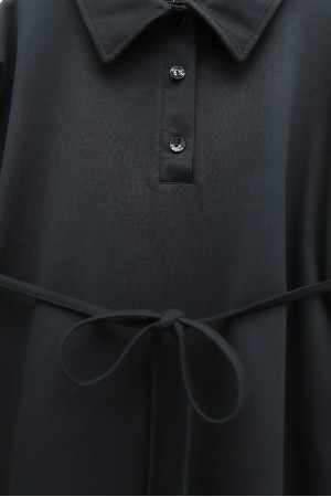 Yakalı  Düğmeli Beli Bağlamalı Penye Elbise  -Siyah