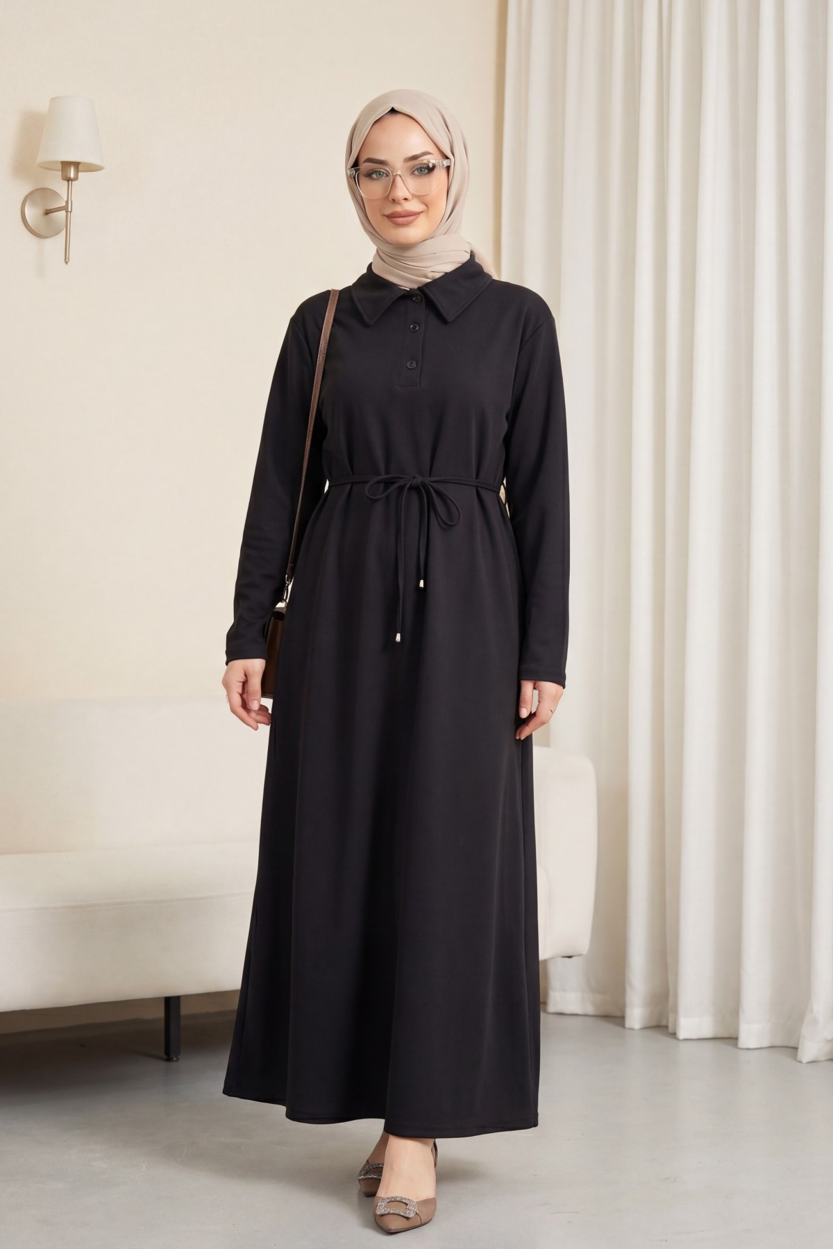 Collared, Buttoned, Tie-Waist Cotton Dress -Black