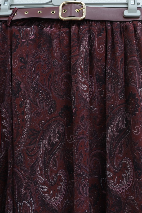 Belted, Scarfed, Lined Chiffon Skirt Set -Maroon