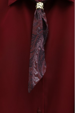 Beli Kemerli Fularlı Astarlı Etekli Şifon Takım  -Bordo