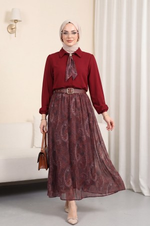 Beli Kemerli Fularlı Astarlı Etekli Şifon Takım  -Bordo