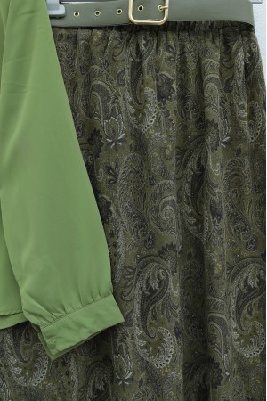 Belted, Scarfed, Lined Chiffon Skirt Set -Cagla Green