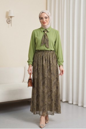 Beli Kemerli Fularlı Astarlı Etekli Şifon Takım  -Çağla Y.