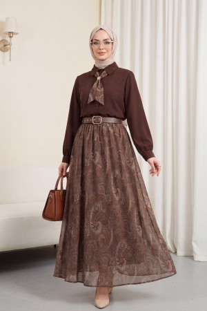 Beli Kemerli Fularlı Astarlı Etekli Şifon Takım  -K. Kahve