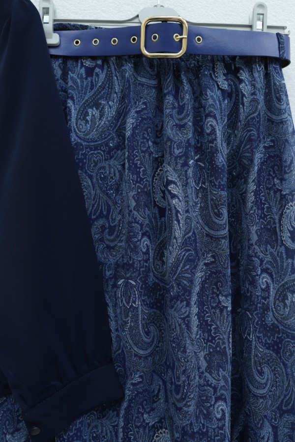 Belted, Scarfed, Lined Chiffon Skirt Set -Navy blue