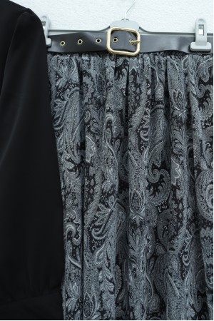 Beli Kemerli Fularlı Astarlı Etekli Şifon Takım  -Siyah