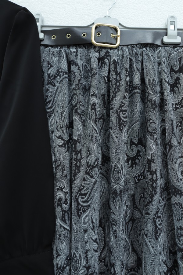 Belted, Scarfed, Lined Chiffon Skirt Set -Black