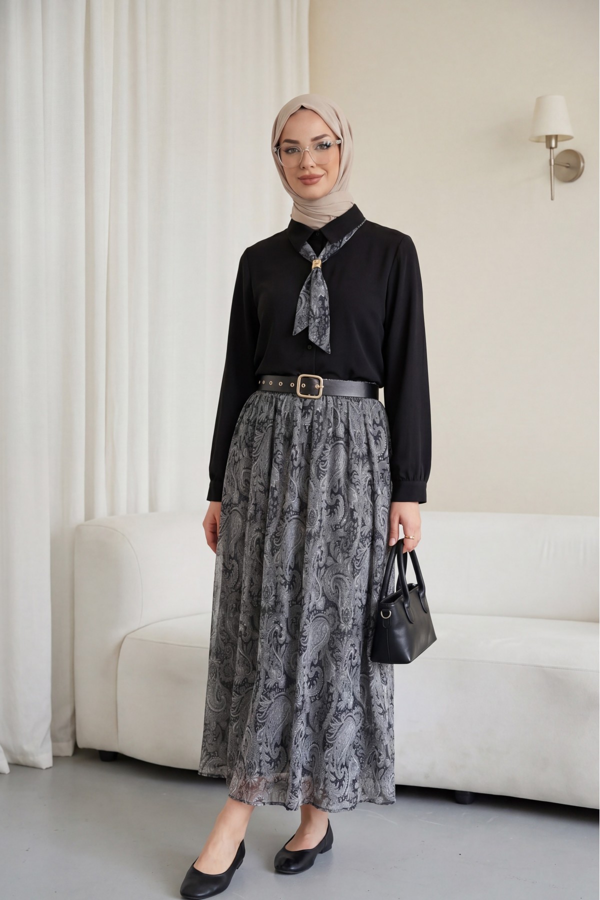 Belted, Scarfed, Lined Chiffon Skirt Set -Black