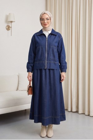 Önü Fermuarlı Çift Cepli Etekli Kot Takım  -K.Laci