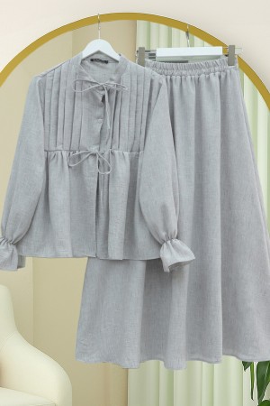 Yarım Düğmeli Kolu Lastikli Önü Bağlamalı Etekli Keten Takım -Açık Gri