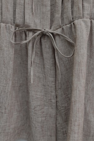 Half-buttoned, elasticated sleeve, front tie-front linen skirt set -Light coffee