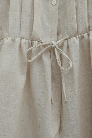 Half-buttoned, elasticated sleeve, front tie-front linen skirt set - Beige