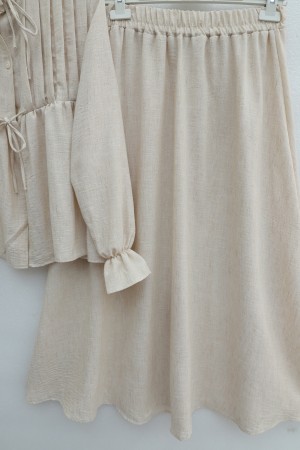 Half-buttoned, elasticated sleeve, front tie-front linen skirt set - Beige