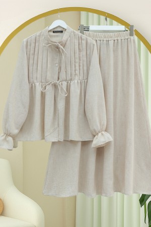 Yarım Düğmeli Kolu Lastikli Önü Bağlamalı Etekli Keten Takım -Bej