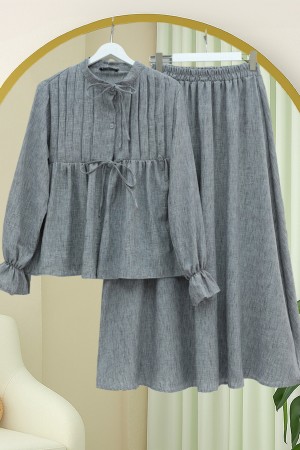 Yarım Düğmeli Kolu Lastikli Önü Bağlamalı Etekli Keten Takım -Füme