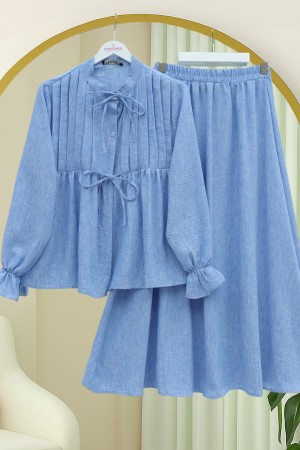 Yarım Düğmeli Kolu Lastikli Önü Bağlamalı Etekli Keten Takım -Mavi