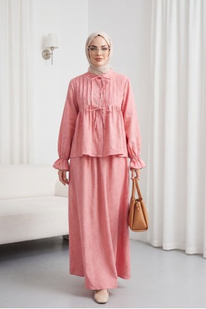 Yarım Düğmeli Kolu Lastikli Önü Bağlamalı Etekli Keten Takım -Nar Çiçeği