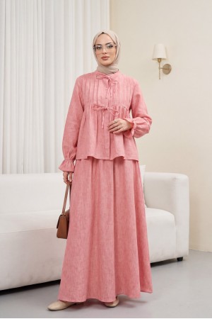 Yarım Düğmeli Kolu Lastikli Önü Bağlamalı Etekli Keten Takım -Nar Çiçeği