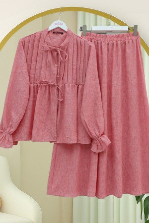 Yarım Düğmeli Kolu Lastikli Önü Bağlamalı Etekli Keten Takım -Nar Çiçeği