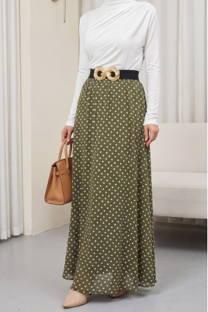 Puantiyeli Beli Lastikli Astarlı Şifon Etek -Haki