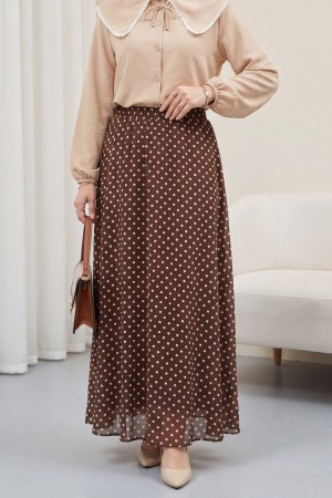 Puantiyeli Beli Lastikli Astarlı Şifon Etek -Kahve