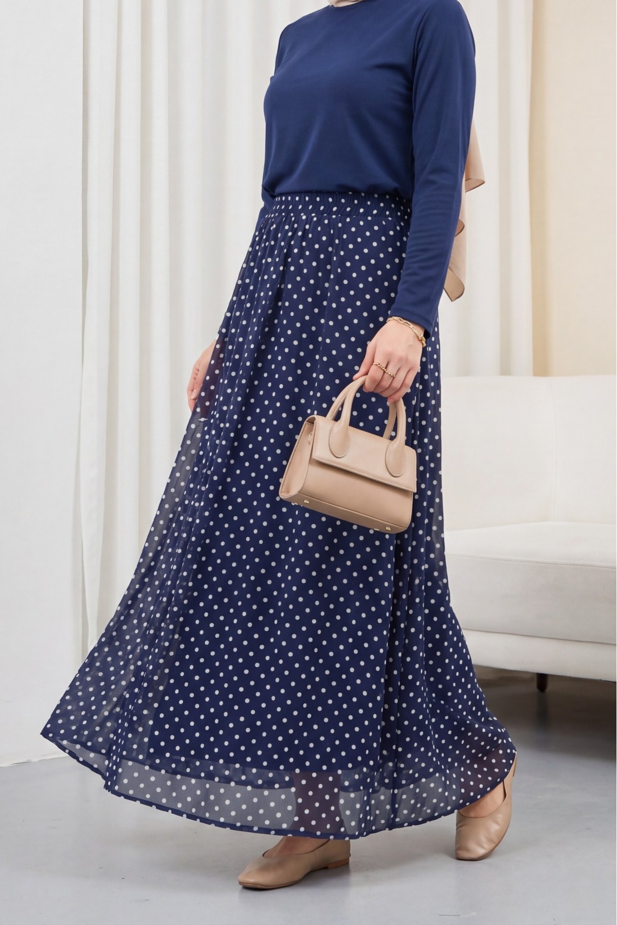 Polka Dot Chiffon Skirt with Elastic Waistband and Lining -Navy blue