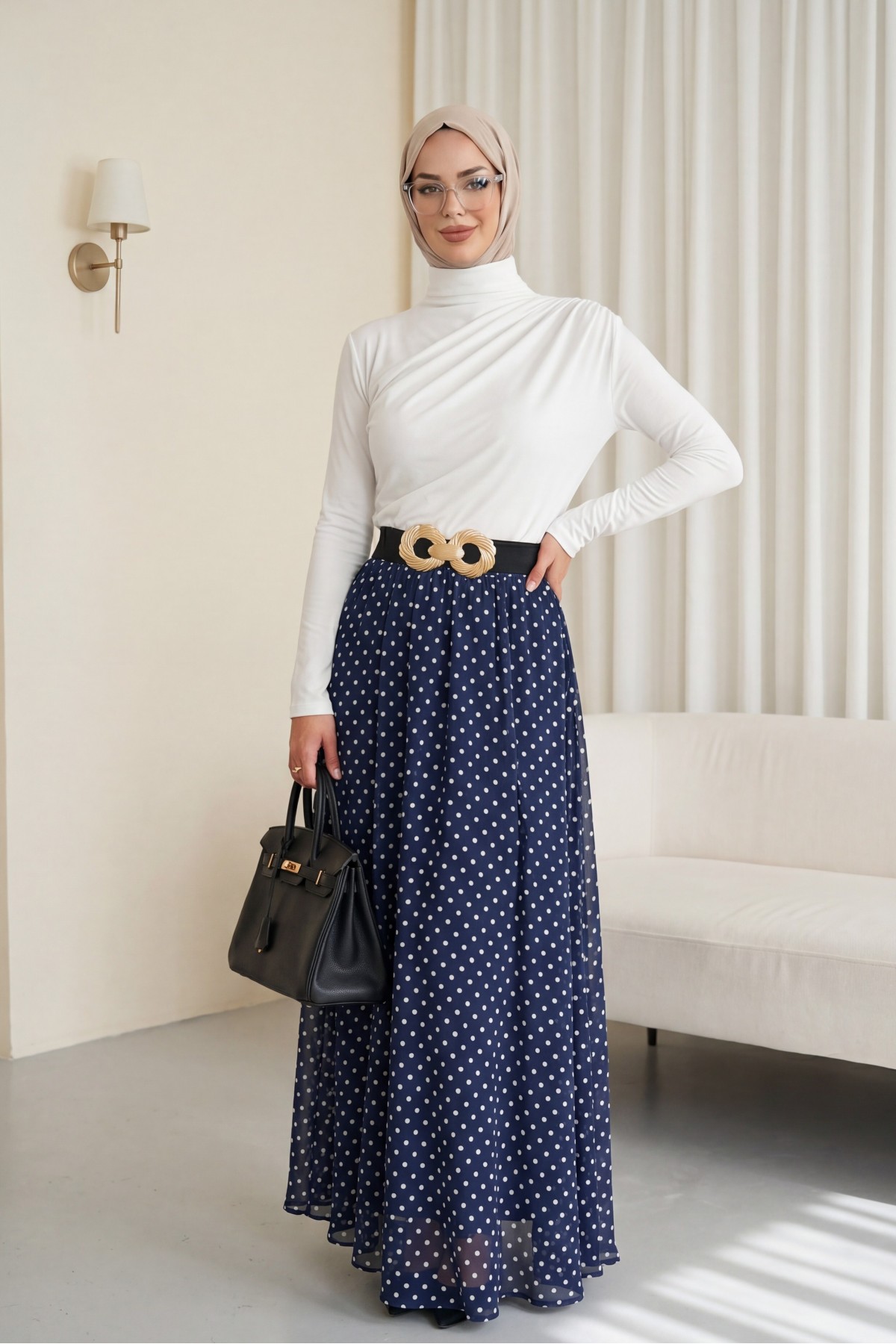 Polka Dot Chiffon Skirt with Elastic Waistband and Lining -Navy blue
