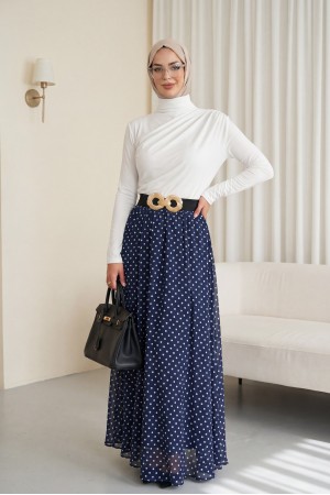 Puantiyeli Beli Lastikli Astarlı Şifon Etek -Lacivert