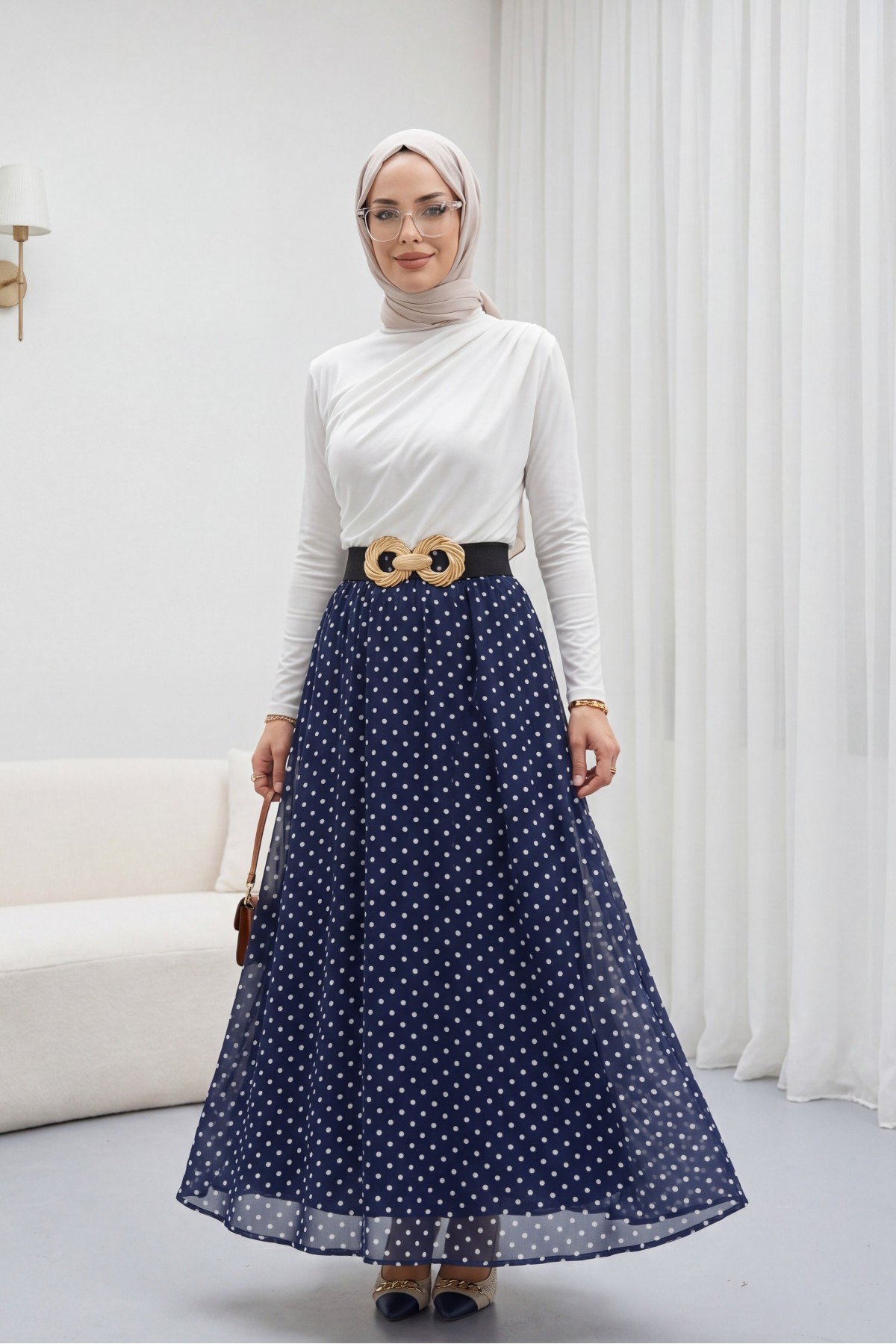 Polka Dot Chiffon Skirt with Elastic Waistband and Lining -Navy blue