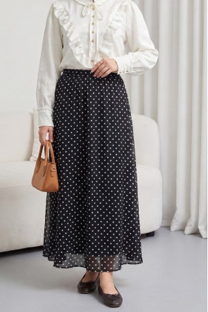 Puantiyeli Beli Lastikli Astarlı Şifon Etek -Siyah