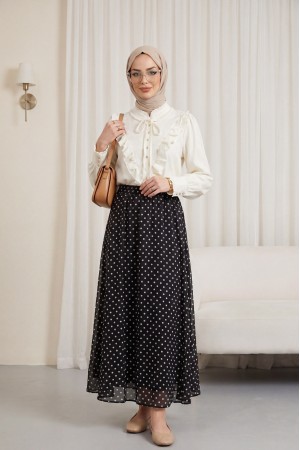 Puantiyeli Beli Lastikli Astarlı Şifon Etek -Siyah