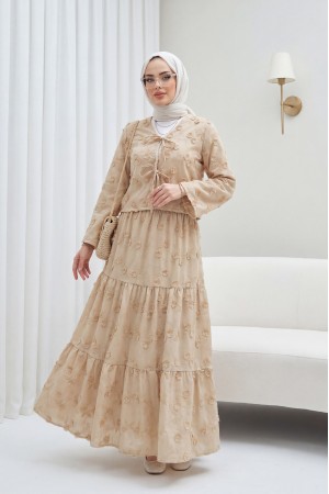 Önü Bağlamalı Kabartma Çiçek Nakışlı Eteği Astarlı Keten Kimono Takım  -Vizon