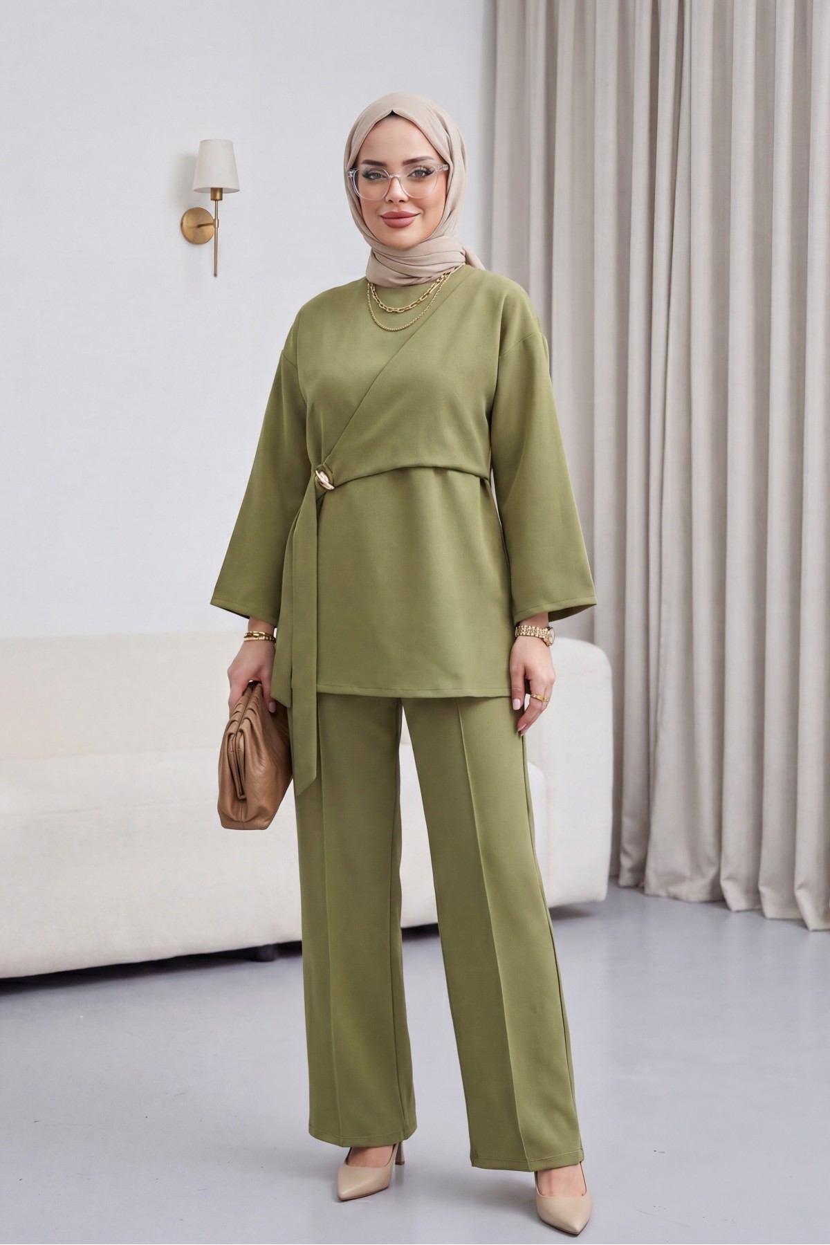 Cross-Laced Buckle Slit Pants Double Set -Khaki