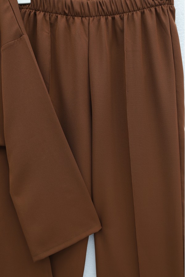 Cross-Laced Buckle Slit Pants Double Set -Brown