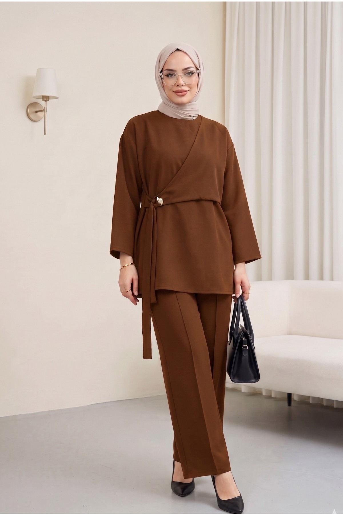 Cross-Laced Buckle Slit Pants Double Set -Brown