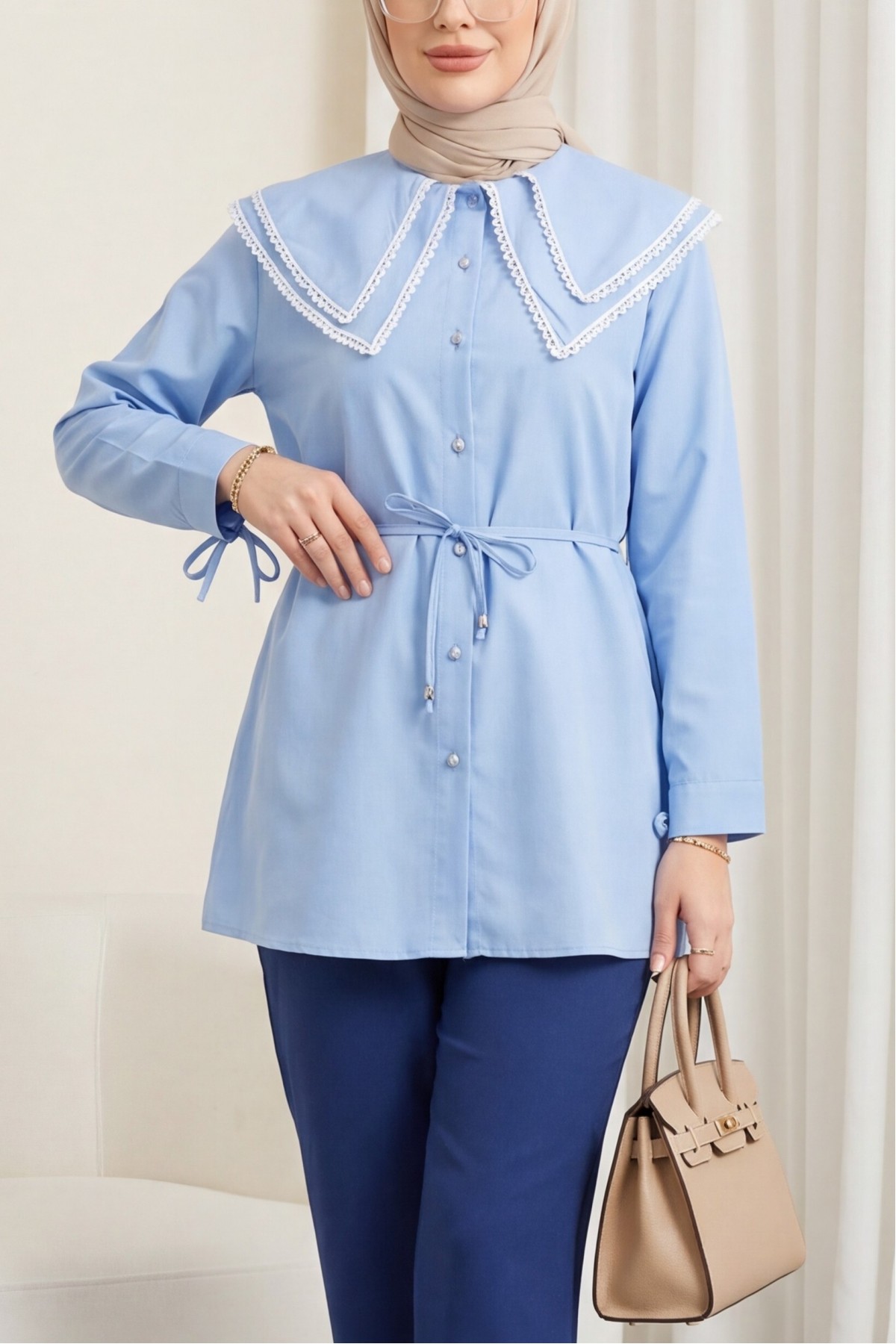 Poplin Tunic with Lace Neckline and Drawstring Waist and Sleeves -Light blue