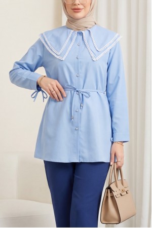 Yakası Dantelli Beli Ve Kolu Bağcıklı Poplin Tunik  -Açık Mavi