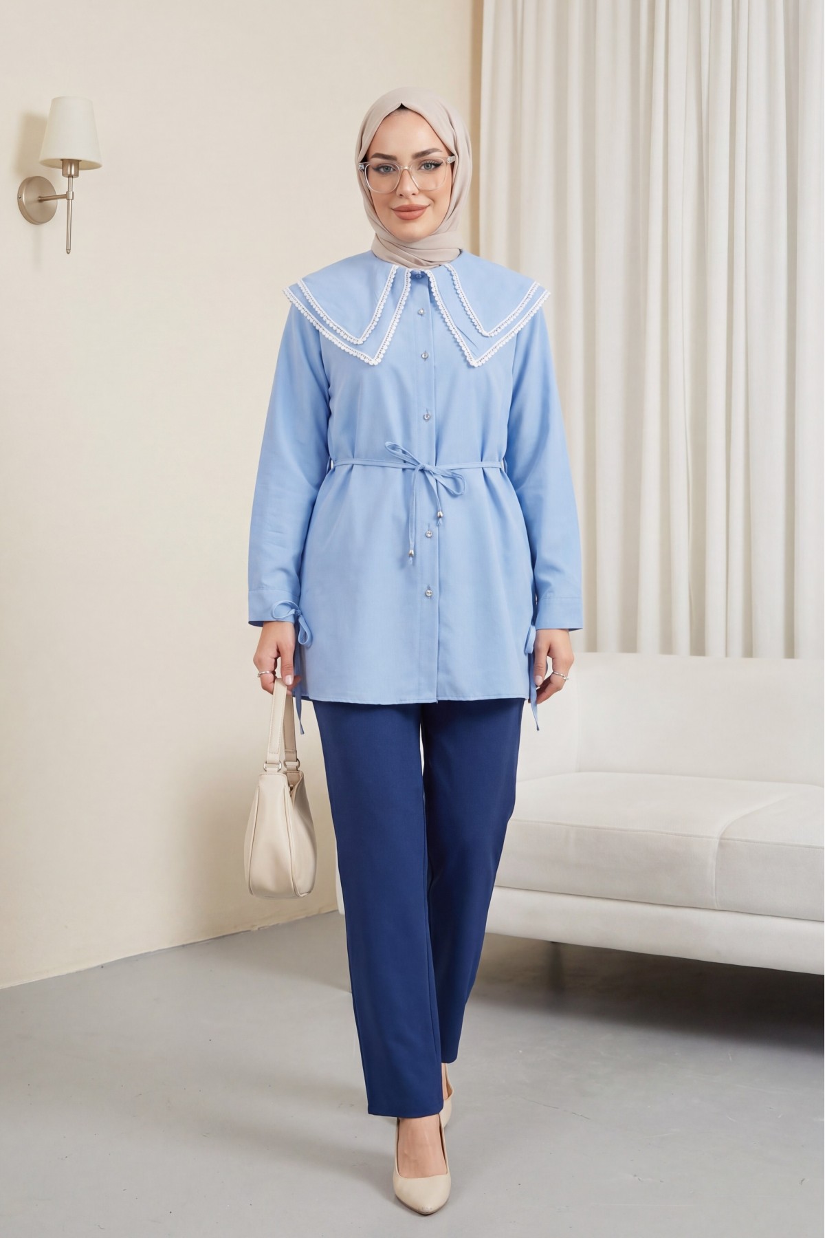 Poplin Tunic with Lace Neckline and Drawstring Waist and Sleeves -Light blue