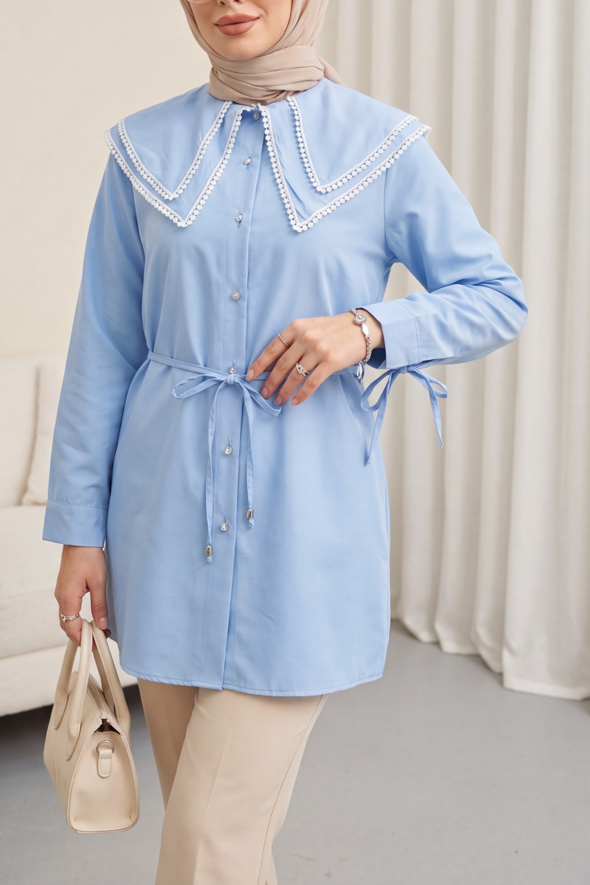 Poplin Tunic with Lace Neckline and Drawstring Waist and Sleeves -Light blue